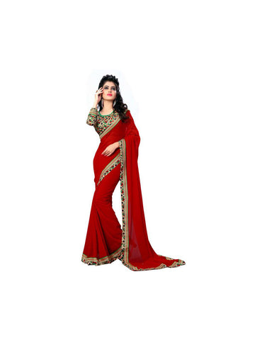 Oomph! Solid Bollywood Chiffon Sari  (Red)